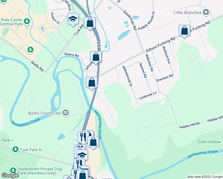 map of restaurants, bars, coffee shops, grocery stores, and more near 125 Edison Furlong Road in Doylestown