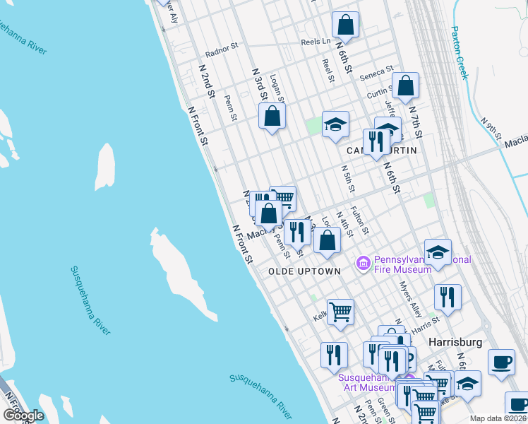 map of restaurants, bars, coffee shops, grocery stores, and more near 2113 North 2nd Street in Harrisburg