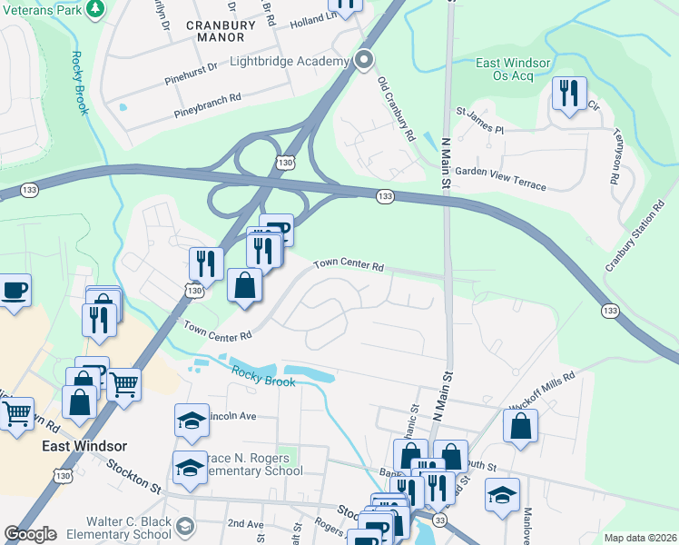 map of restaurants, bars, coffee shops, grocery stores, and more near 43 Brownstone Road in East Windsor