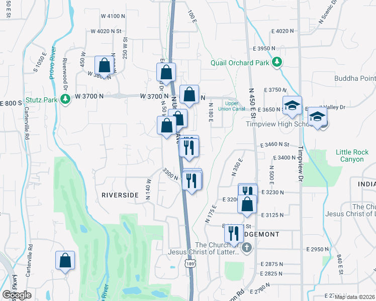 map of restaurants, bars, coffee shops, grocery stores, and more near 3433 North 100 East in Provo