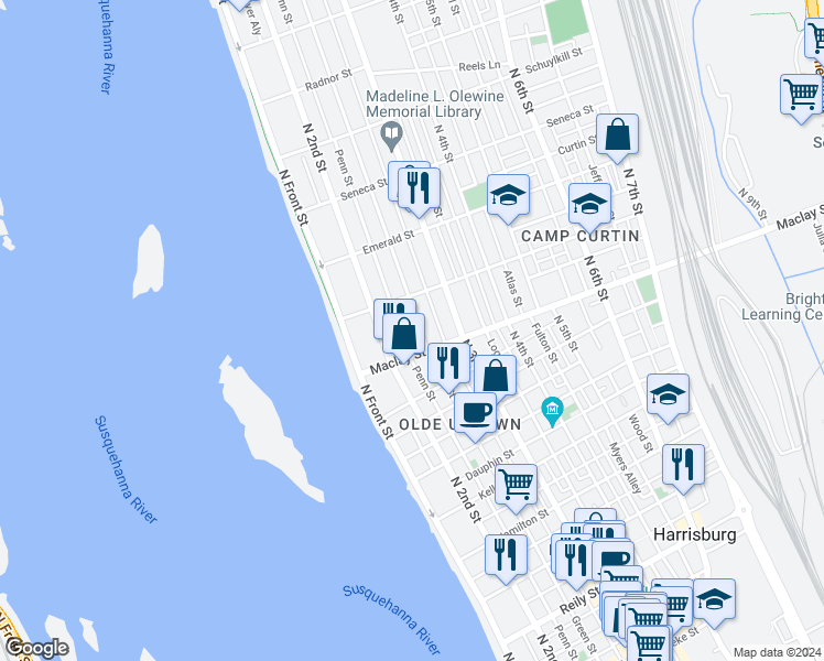 map of restaurants, bars, coffee shops, grocery stores, and more near 2122 Green Street in Harrisburg
