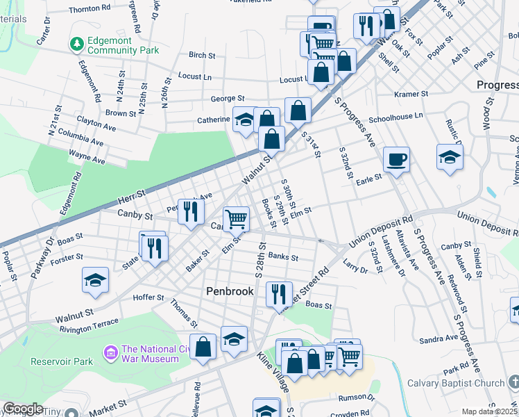 map of restaurants, bars, coffee shops, grocery stores, and more near 108 South 28th Street in Harrisburg