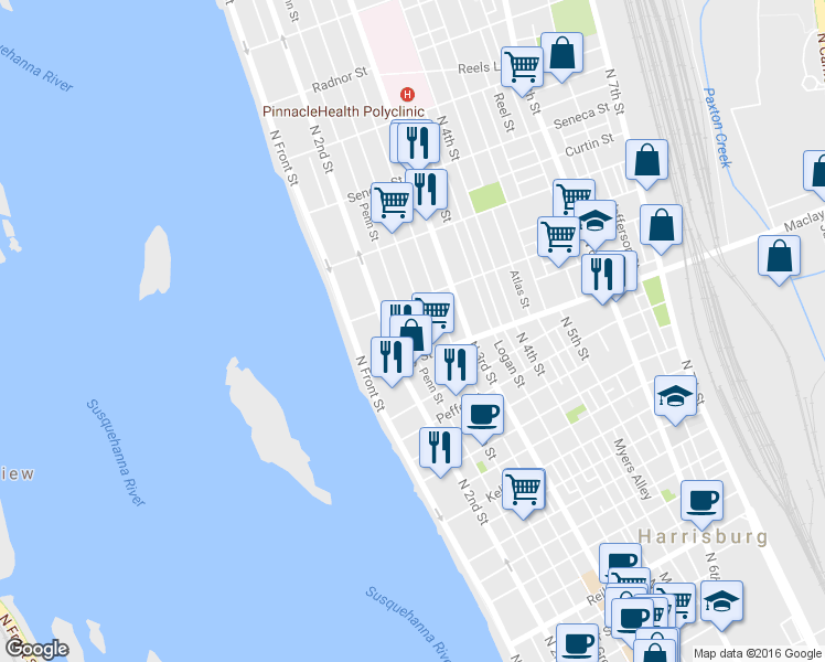 map of restaurants, bars, coffee shops, grocery stores, and more near 2131 Penn Street in Harrisburg