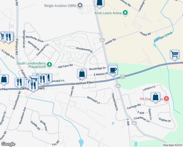 map of restaurants, bars, coffee shops, grocery stores, and more near 193 East Market Street in Palmyra
