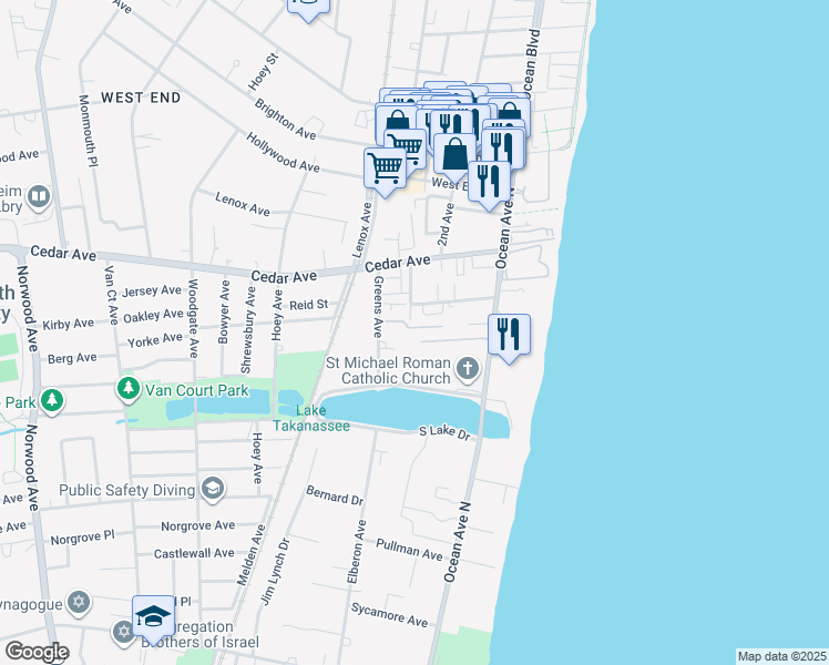 map of restaurants, bars, coffee shops, grocery stores, and more near 735 Greens Avenue in Long Branch