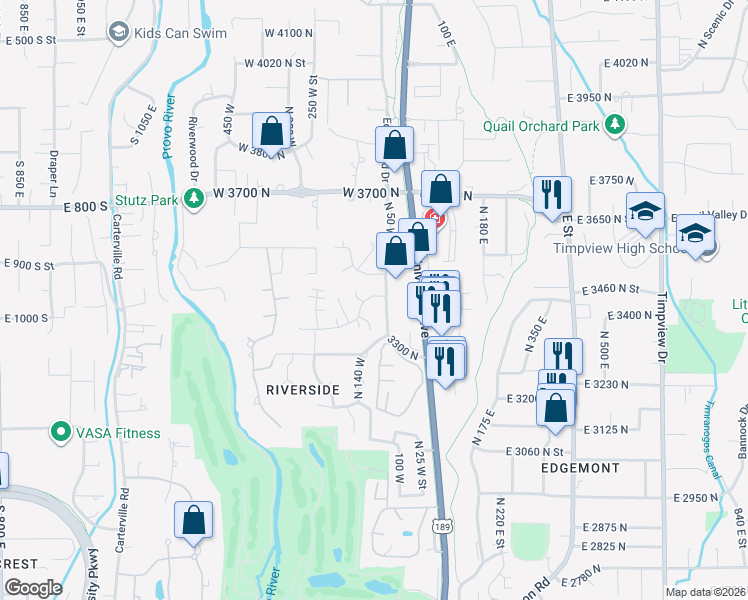 map of restaurants, bars, coffee shops, grocery stores, and more near 68 Woodside Drive in Provo