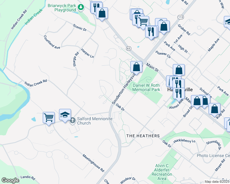 map of restaurants, bars, coffee shops, grocery stores, and more near 117 Charles Lane in Harleysville