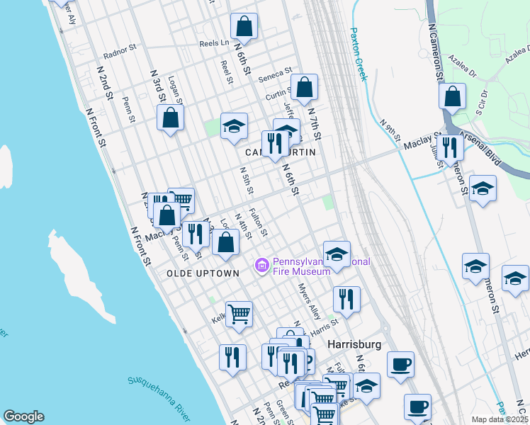 map of restaurants, bars, coffee shops, grocery stores, and more near 50 Peffer Street in Harrisburg