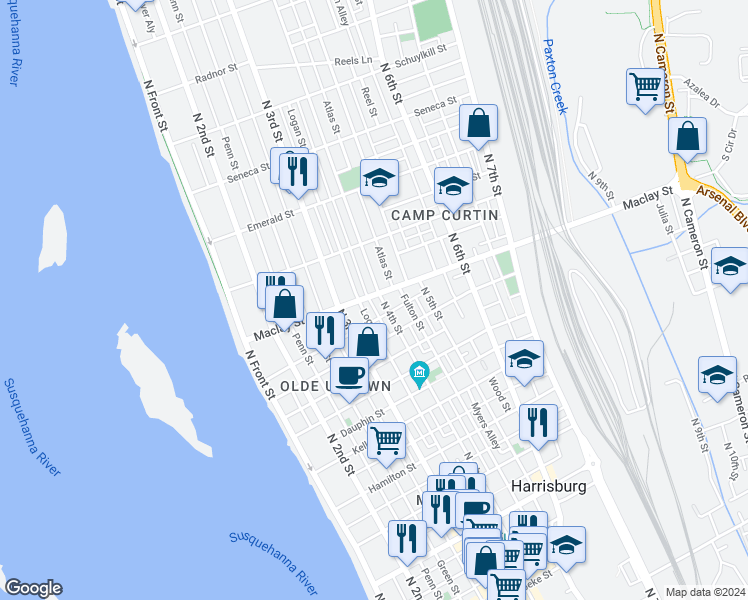 map of restaurants, bars, coffee shops, grocery stores, and more near in Harrisburg