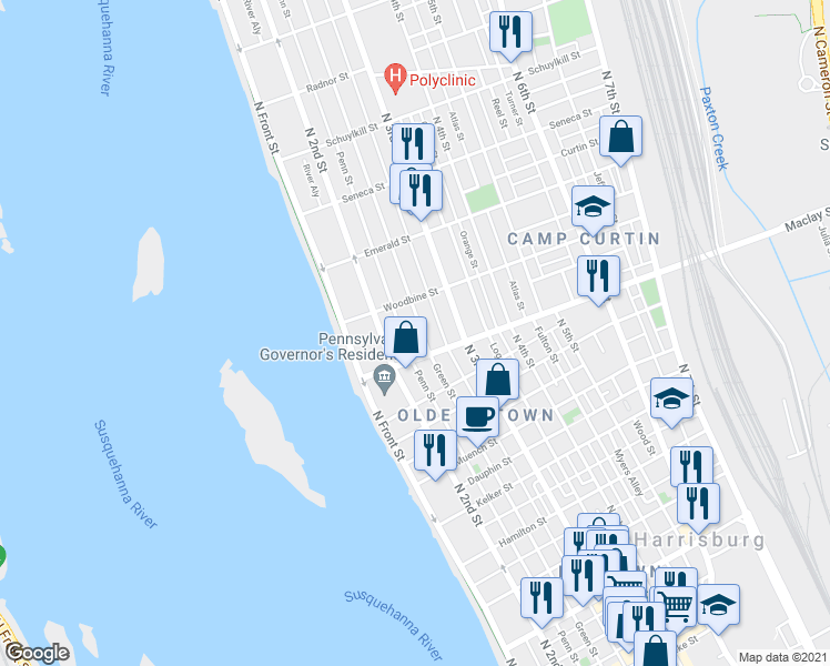 map of restaurants, bars, coffee shops, grocery stores, and more near 2127 Green Street in Harrisburg