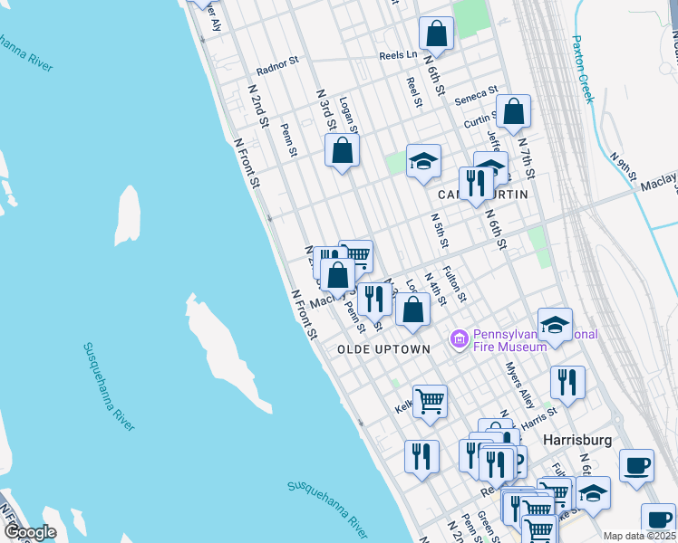 map of restaurants, bars, coffee shops, grocery stores, and more near 2131 Penn Street in Harrisburg