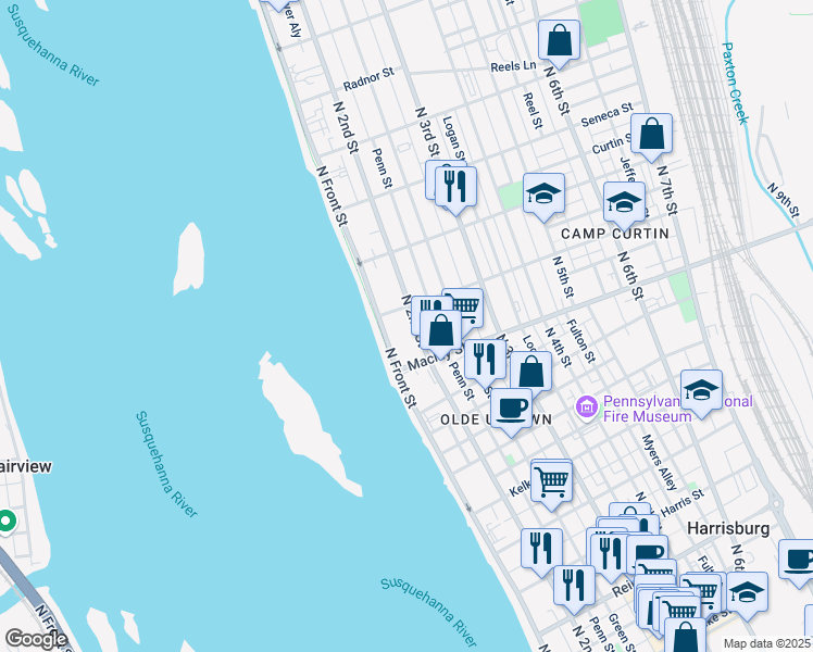 map of restaurants, bars, coffee shops, grocery stores, and more near 2113 North 2nd Street in Harrisburg