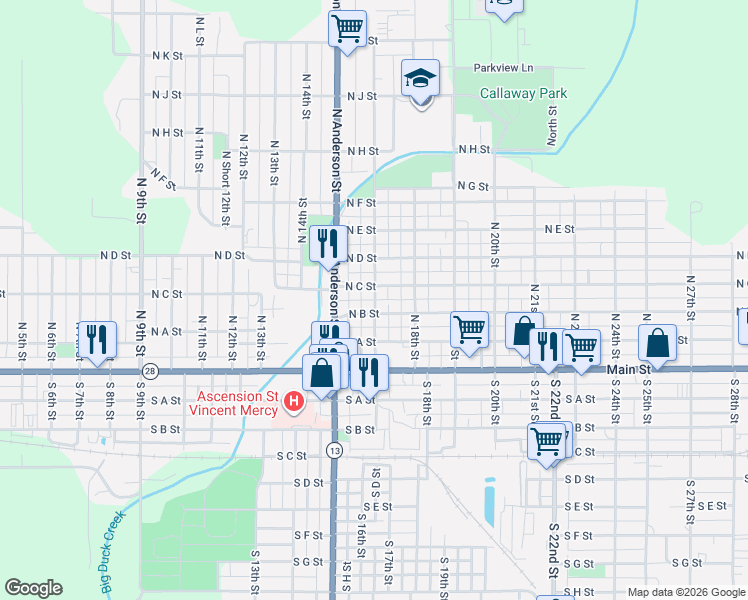 map of restaurants, bars, coffee shops, grocery stores, and more near 1535 North C Street in Elwood
