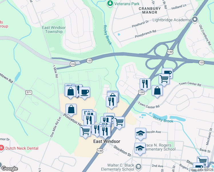 map of restaurants, bars, coffee shops, grocery stores, and more near 200 Winton Lane in East Windsor