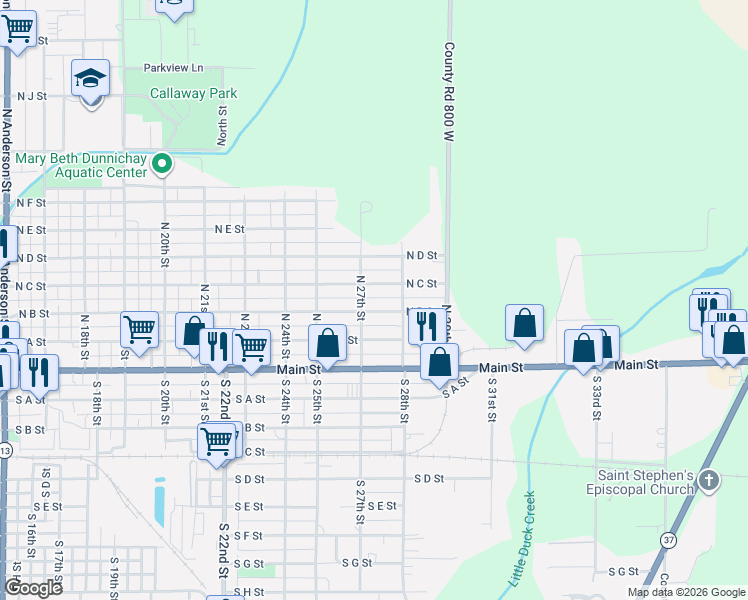 map of restaurants, bars, coffee shops, grocery stores, and more near 2727 North C Street in Elwood