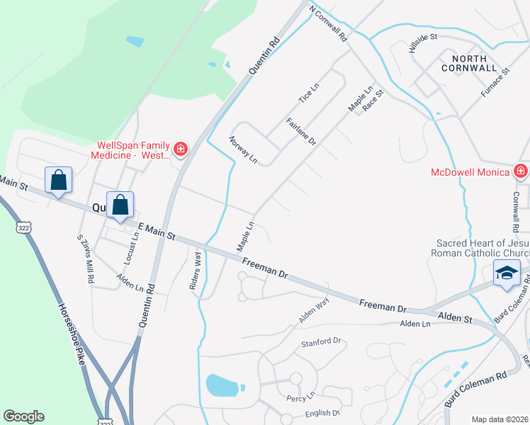 map of restaurants, bars, coffee shops, grocery stores, and more near 114 Maple Lane in Lebanon