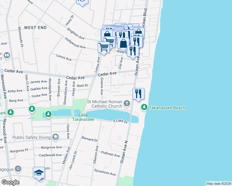 map of restaurants, bars, coffee shops, grocery stores, and more near 735 Greens Avenue in Long Branch