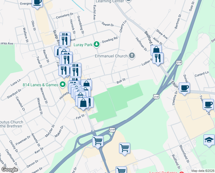 map of restaurants, bars, coffee shops, grocery stores, and more near 308 Bob Street in Johnstown