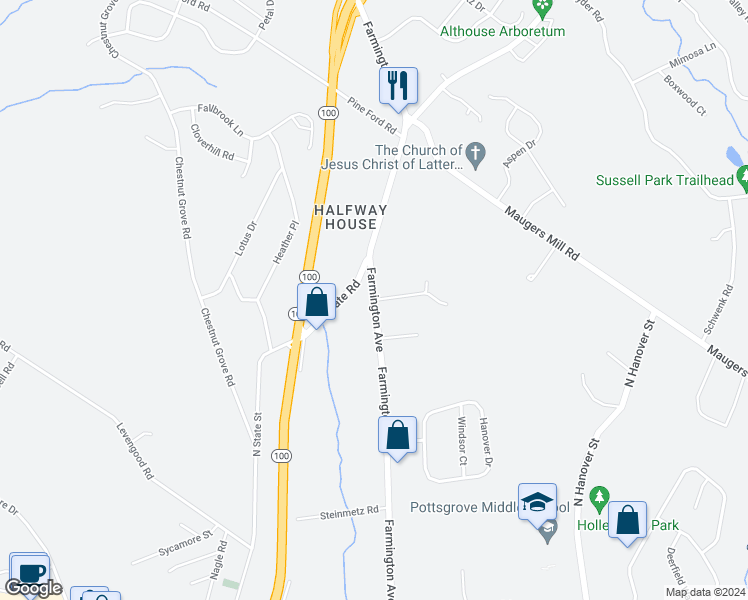map of restaurants, bars, coffee shops, grocery stores, and more near 1405 Farmington Avenue in Pottstown