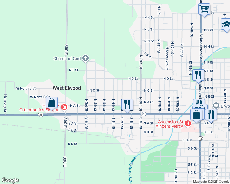 map of restaurants, bars, coffee shops, grocery stores, and more near 245 North 6th Street in Elwood