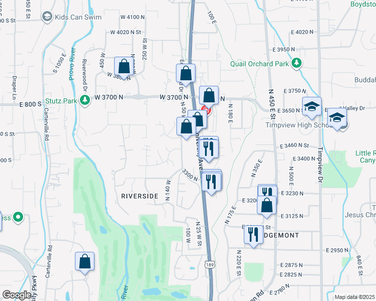 map of restaurants, bars, coffee shops, grocery stores, and more near 3355 North 50 West Street in Provo
