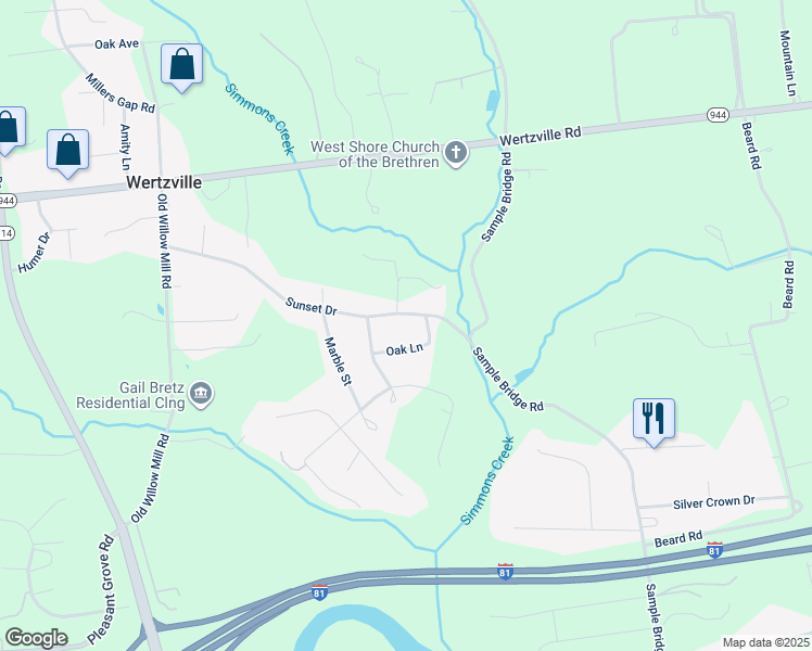map of restaurants, bars, coffee shops, grocery stores, and more near 15 Sunset Drive in Mechanicsburg