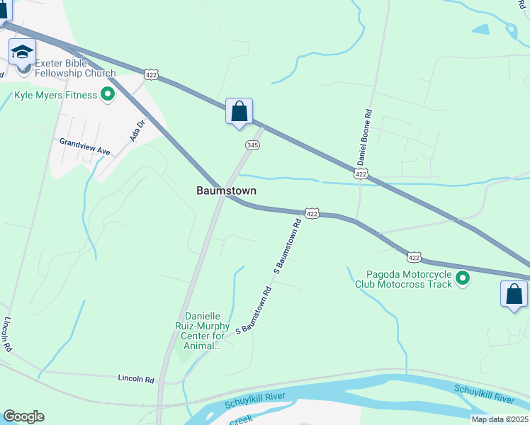 map of restaurants, bars, coffee shops, grocery stores, and more near 158 East Baumstown Road in Birdsboro