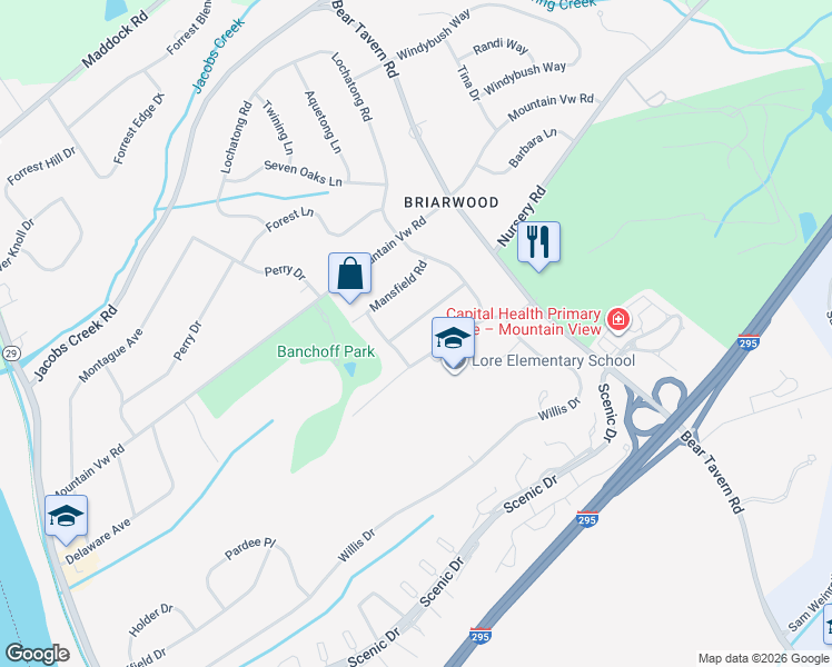 map of restaurants, bars, coffee shops, grocery stores, and more near 11 Bedford Drive in Ewing Township