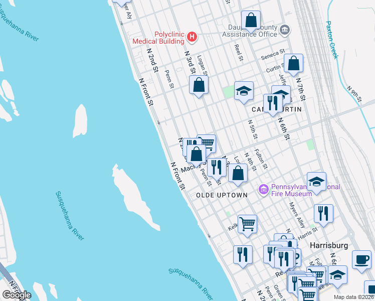 map of restaurants, bars, coffee shops, grocery stores, and more near 2113 North 2nd Street in Harrisburg
