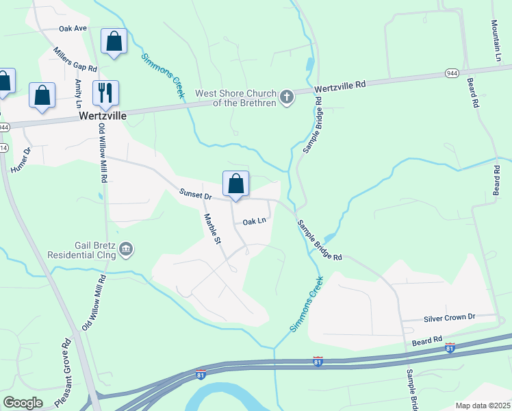map of restaurants, bars, coffee shops, grocery stores, and more near 15 Sunset Drive in Mechanicsburg