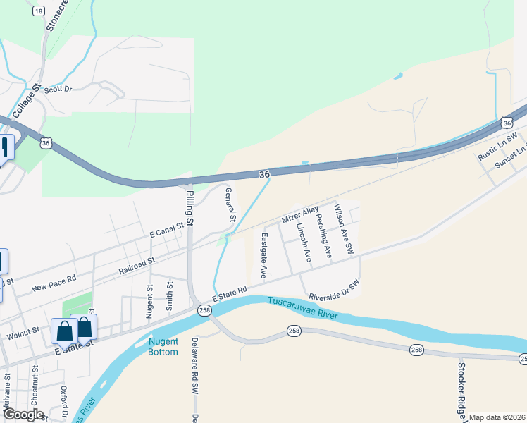 map of restaurants, bars, coffee shops, grocery stores, and more near 14011 Eastgate Avenue in Newcomerstown