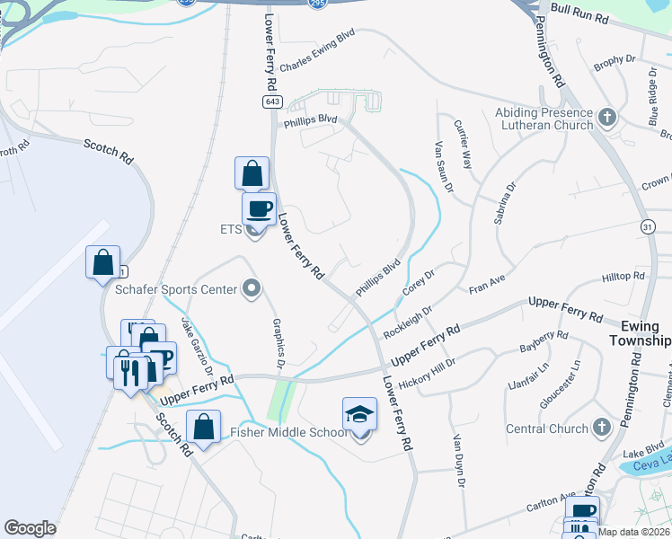 map of restaurants, bars, coffee shops, grocery stores, and more near Masterson Court in Ewing Township