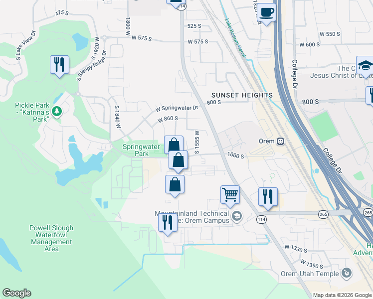 map of restaurants, bars, coffee shops, grocery stores, and more near 1596 West 980 South in Orem