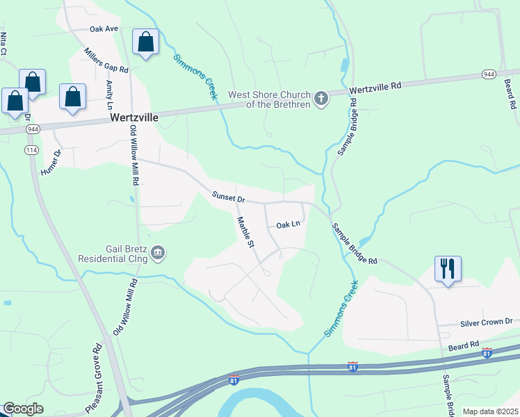 map of restaurants, bars, coffee shops, grocery stores, and more near 25 Sunset Drive in Mechanicsburg