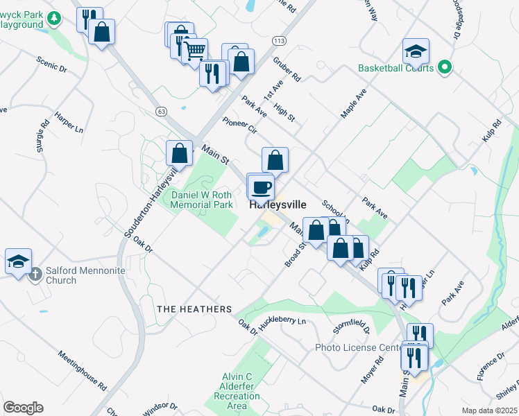 map of restaurants, bars, coffee shops, grocery stores, and more near 506 Main Street in Harleysville
