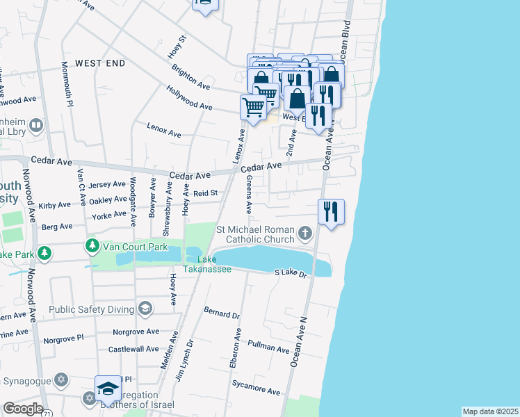 map of restaurants, bars, coffee shops, grocery stores, and more near 735 Greens Avenue in Long Branch