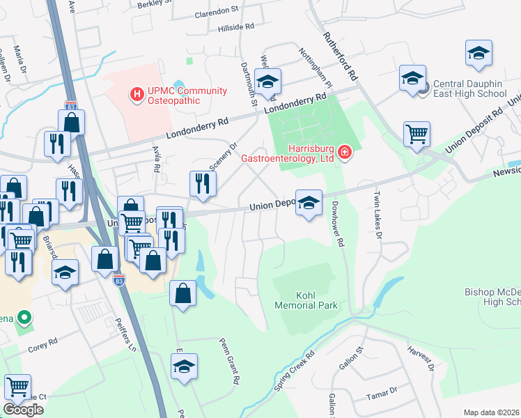 map of restaurants, bars, coffee shops, grocery stores, and more near 4411 Union Deposit Road in Harrisburg