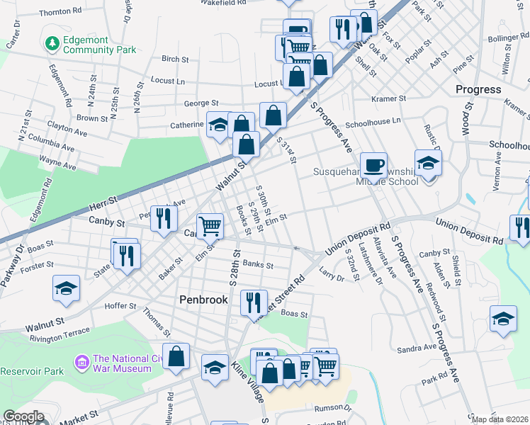 map of restaurants, bars, coffee shops, grocery stores, and more near 214 South 29th Street in Harrisburg