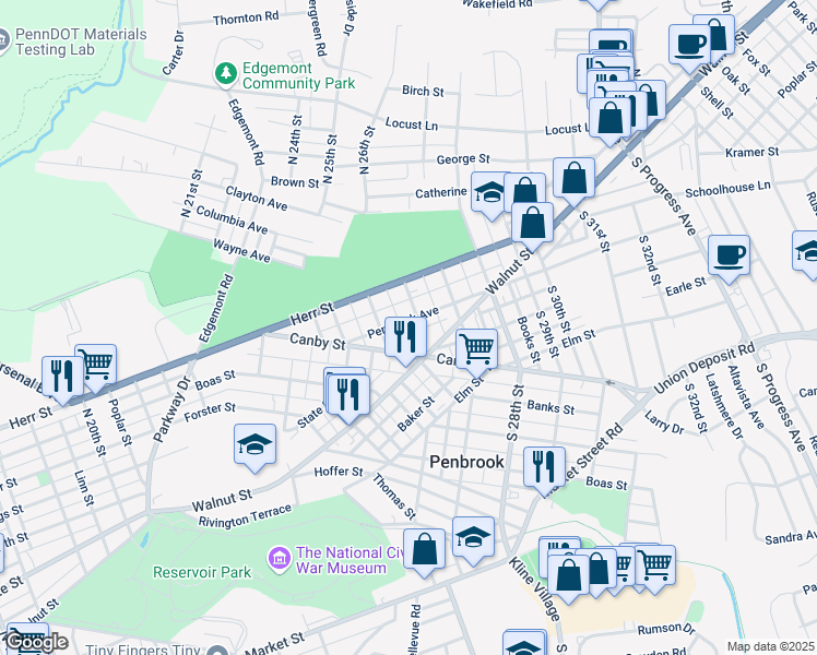 map of restaurants, bars, coffee shops, grocery stores, and more near 2506 Penbrook Avenue in Harrisburg