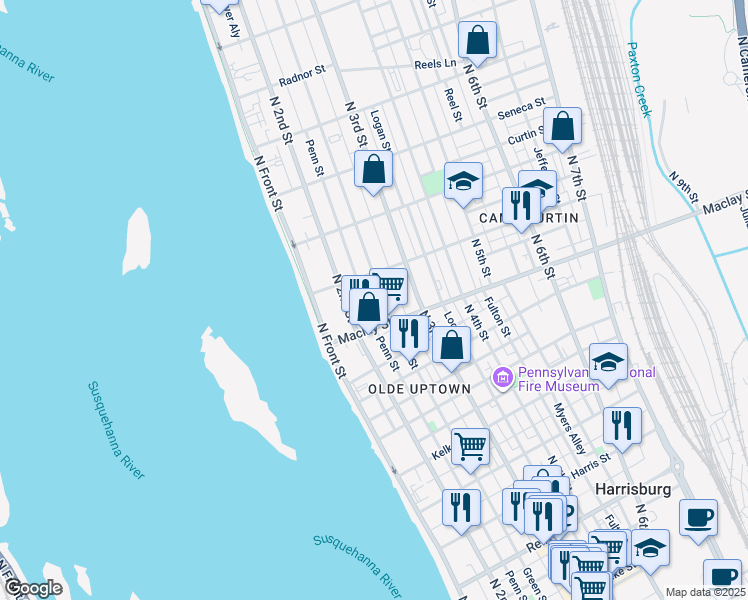 map of restaurants, bars, coffee shops, grocery stores, and more near 2127 Green Street in Harrisburg