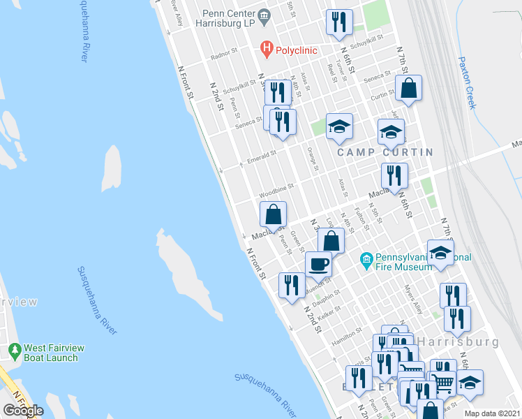 map of restaurants, bars, coffee shops, grocery stores, and more near 2113 North 2nd Street in Harrisburg