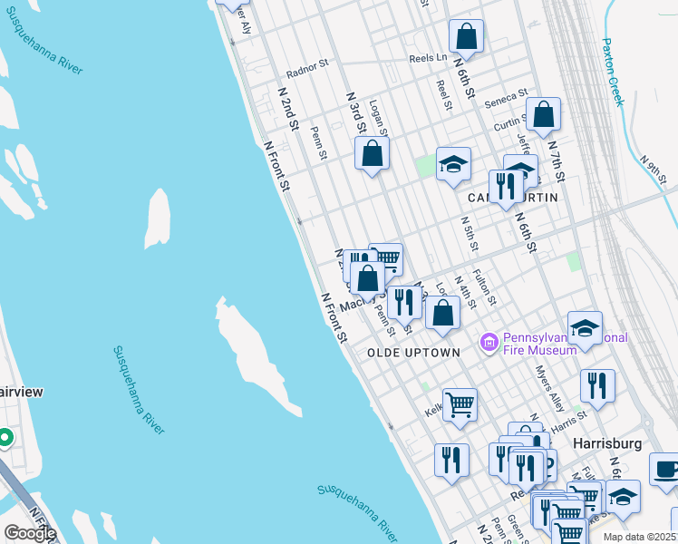 map of restaurants, bars, coffee shops, grocery stores, and more near 2113 North 2nd Street in Harrisburg