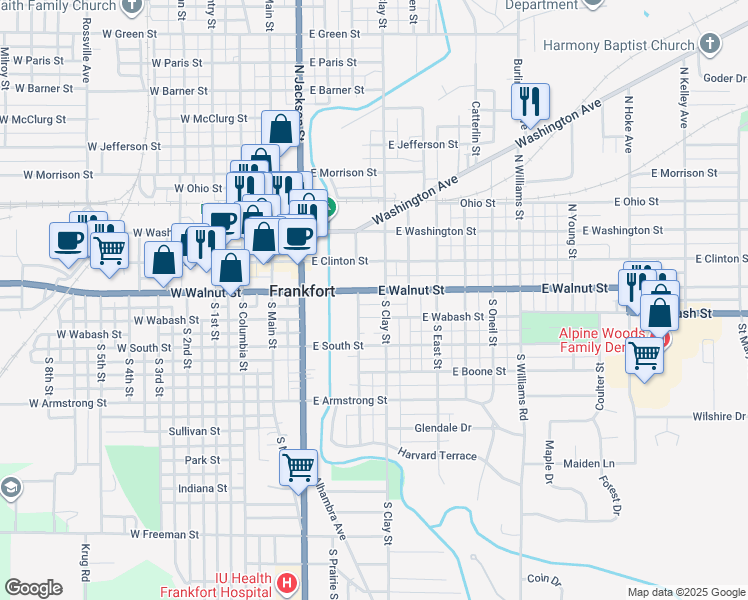 map of restaurants, bars, coffee shops, grocery stores, and more near 401 East Walnut Street in Frankfort