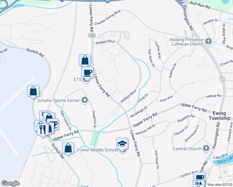 map of restaurants, bars, coffee shops, grocery stores, and more near 200 Masterson Court in Ewing Township