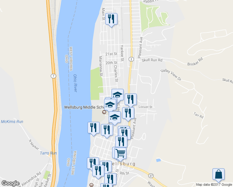 map of restaurants, bars, coffee shops, grocery stores, and more near 1601 Charles Street in Wellsburg
