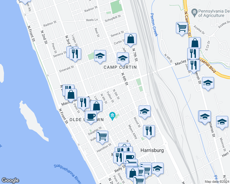 map of restaurants, bars, coffee shops, grocery stores, and more near 50 Peffer Street in Harrisburg