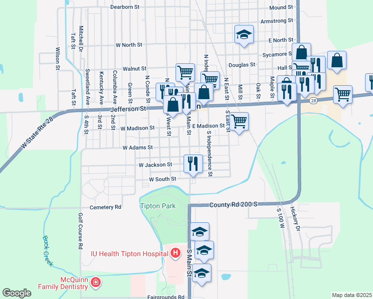 map of restaurants, bars, coffee shops, grocery stores, and more near 304 South Main Street in Tipton