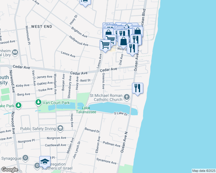 map of restaurants, bars, coffee shops, grocery stores, and more near 735 Greens Avenue in Long Branch