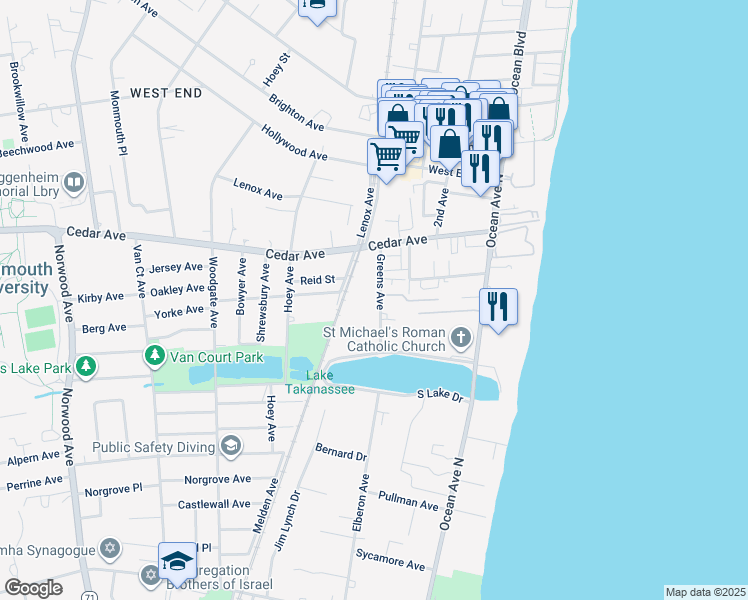 map of restaurants, bars, coffee shops, grocery stores, and more near 728 Greens Avenue in Long Branch