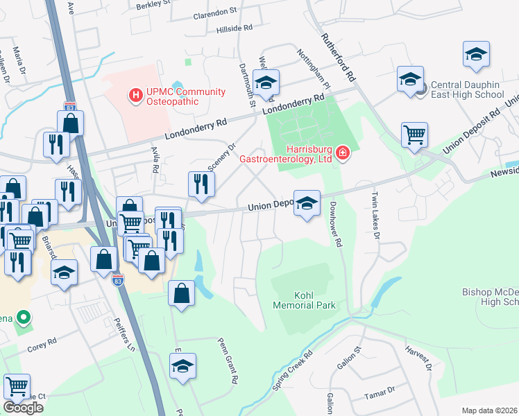 map of restaurants, bars, coffee shops, grocery stores, and more near 4411 Union Deposit Road in Harrisburg